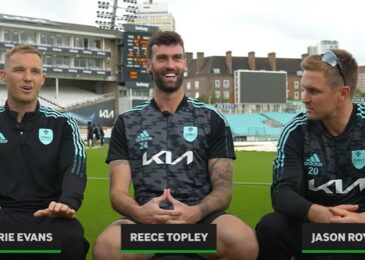 Jason Roy, Reece Topley and Laurie Evans on their cricket teammates