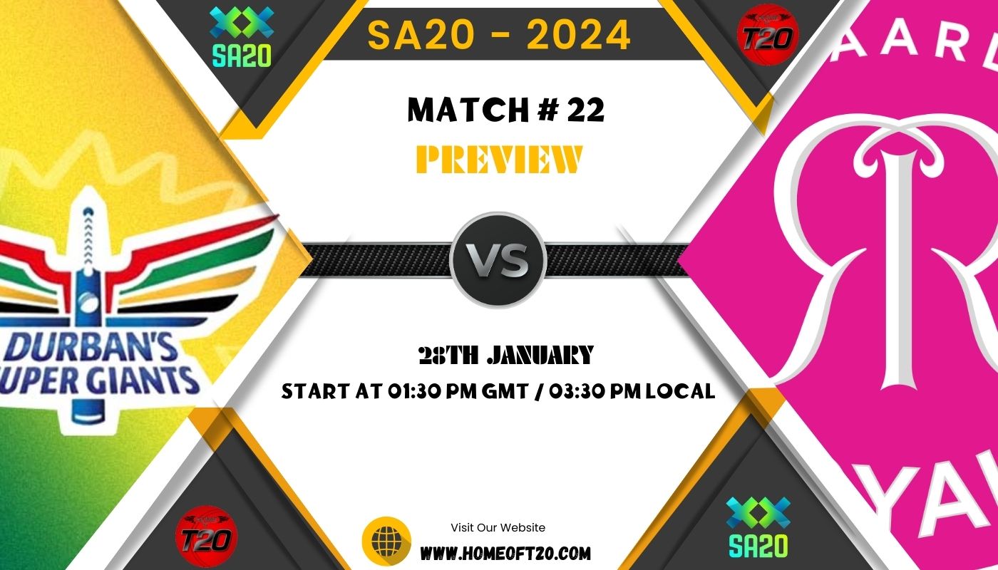 SA20 2024 Match 22, Durban Super Giants vs Paarl Royals Match Preview, Pitch Report, Weather Report, Predicted XI, Fantasy Tips, and Live Streaming Details