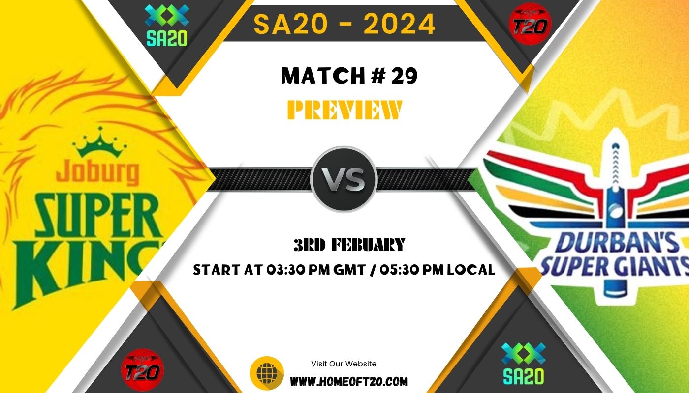 SA20 2024 Match 29, Joburg Super Kings vs Durban Super Giants Preview, Pitch Report, Weather Report, Predicted XI, Fantasy Tips, and Live Streaming Details