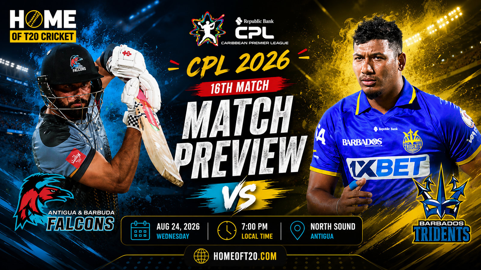 Antigua and Barbuda Falcons vs Barbados Tridents CPL 2026 16th match preview