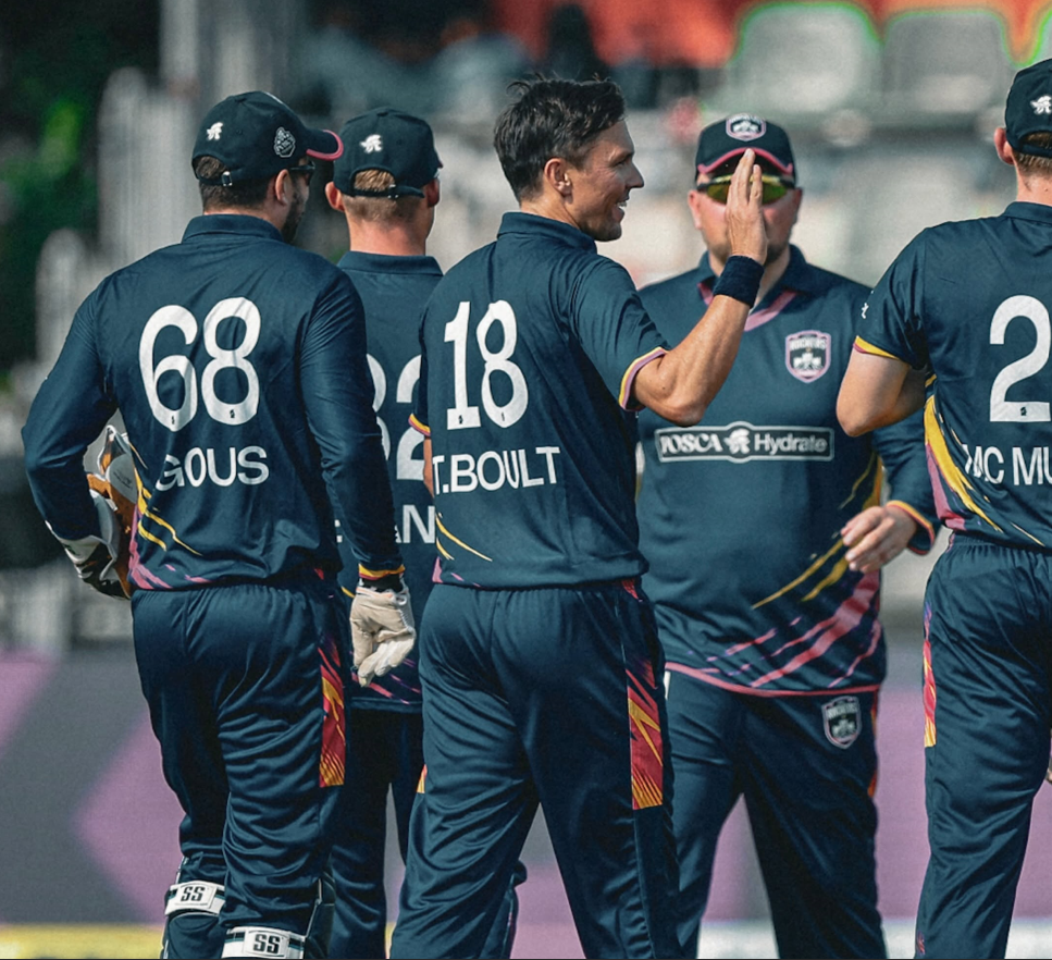 Trent Boult celebrates after taking five wickets for Edinburgh Castle Rockers against Glasgow Cosmic in ETPL 2026